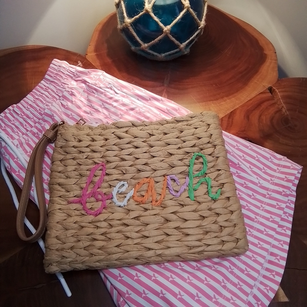 Embroidered Straw Beach Wristlet Clutch Pouch